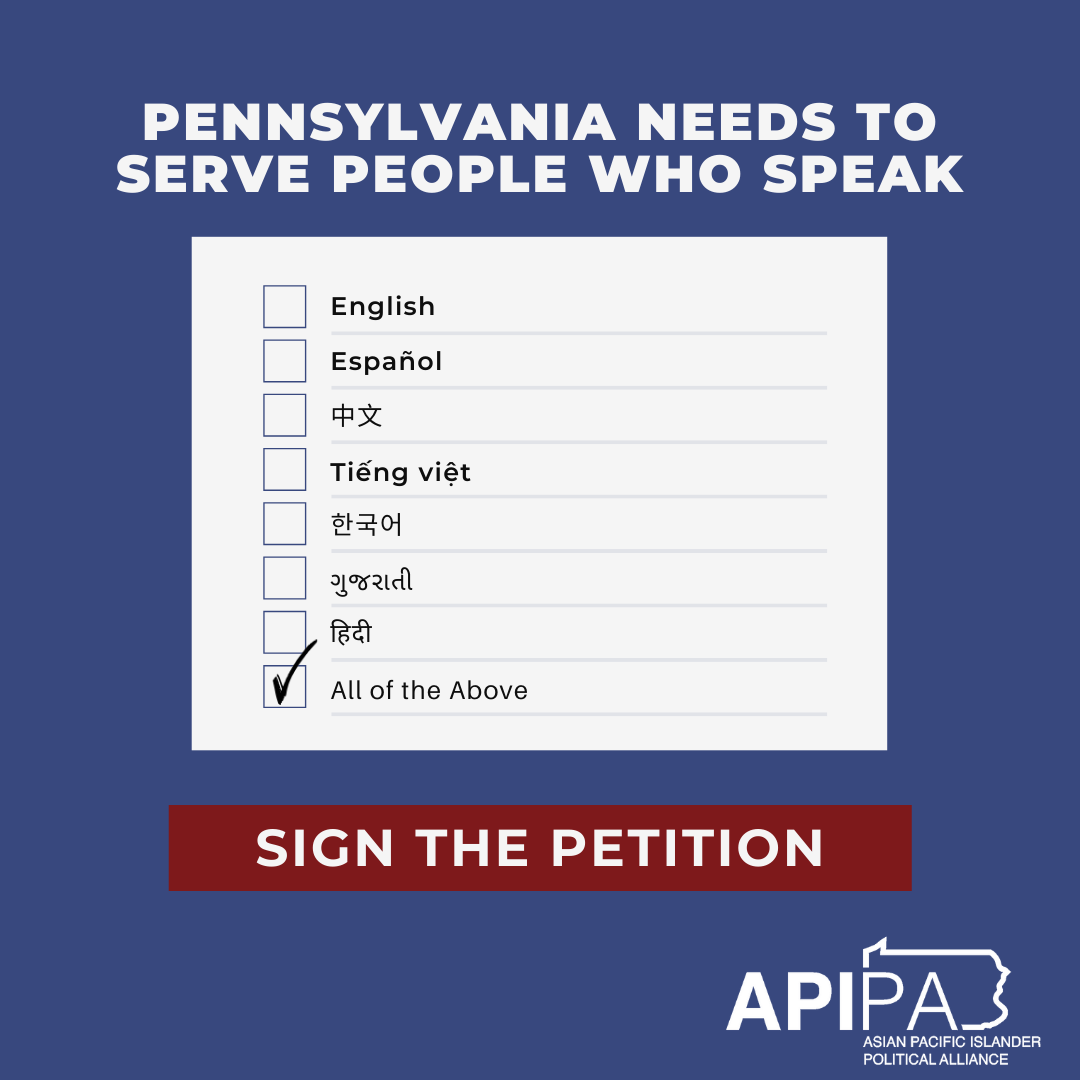 Pennsylvania needs to serve people who speak, checklist with list of languages, box marked 