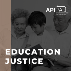 Photo of Asian child reading a book with his grandparents. Peach stripe. Text on graphic "education justice"