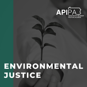 Grayscale photo of a hand holding a small plant. Green stripe. Text on graphic "Environmental Justice"