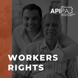 Photo of 2 Asian men, an adult standing behind an elder. Orange stripe. Text reads "Workers Rights"